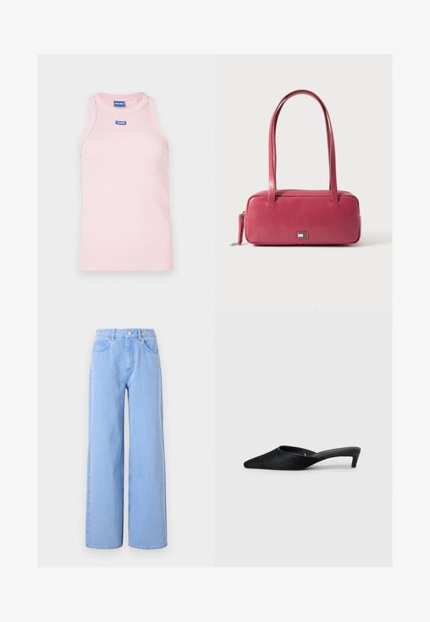 Roze geribd hemdje met een afgeronde halslijn en smalle schouderbandjes. Voorzien van een blauw "HUGO"-logo op de borst. Gladde textuur.; Lichtblauwe wijde denim jeans. Heeft een aangesloten taille met riemlussen en voorzakken, stiksel details en een schone zoom.; Zwarte suède muilen met een spitse neus en een lage hak. Heeft een gladde textuur en een open achterkant voor gemakkelijk aan- en uittrekken. Eenvoudig ontwerp zonder patronen.; Roze leren handtas met een rechthoekige vorm, dubbele handvatten en een klein metalen embleem aan de voorkant, met een gladde, glanzende textuur.