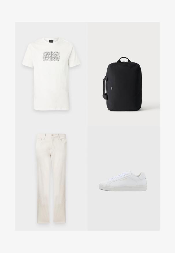 T-shirt blanc à manches courtes et col rond avec un graphisme abstrait noir et blanc présentant les lettres "A" et "X" entrelacées, centré sur la poitrine.; Jean en denim beige clair à coupe droite, dotés de poches avant, d'une fermeture à bouton et d'une texture subtile. Tissu lisse sans motifs.; Baskets basses en cuir blanc avec bout rond, lacets plats, semelle texturée et logo discret doré sur le côté. Surface lisse et design minimaliste.; Sac de voyage rectangulaire noir avec poignées en haut et sur les côtés, design minimaliste et petit logo à l'avant sur un fond clair uni.