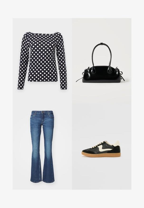 Marineblauw shirt met lange mouwen, witte polkadots, boothals en een getailleerde pasvorm.; Flared jeans in middelblauwe denim. Voorzien van een rits met een metalen knoop, twee zijzakken en vervagingdetails bij de knieën.; Zwarte suède en leren sneaker met een crèmekleurige zij-swoosh en lichte crèmekleurige hiel. Voorzien van beige veters en een gumrubberen zool.; Kleine zwarte glanzende handtas met twee lange hengsels en zijkant trekkoord details op een effen lichte achtergrond.