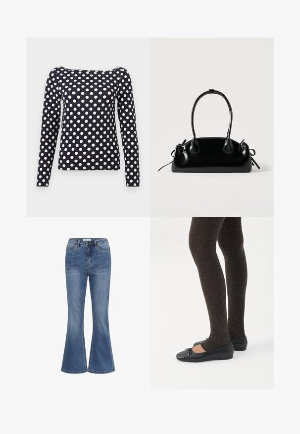 Chemise bleu marine à manches longues avec des pois blancs, encolure bateau et coupe ajustée.; Jean en denim bleu avec une taille haute, fermeture par bouton et zip à l'avant, et jambes légèrement évasées.; Jambes portant des leggings côtelés foncés associés à des ballerines noires avec de petits détails en nœud sur fond blanc.; Petit sac à main noir brillant avec deux longues anses et des détails à cordon sur les côtés sur un fond clair uni.
