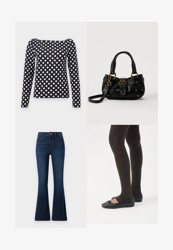 Chemise bleu marine à manches longues avec des pois blancs, encolure bateau et coupe ajustée.; TOM TAILOR STELLA denim bleu foncé; Jambes portant des leggings côtelés foncés associés à des ballerines noires avec de petits détails en nœud sur fond blanc.; Sac à main en cuir noir avec boucle dorée et détails à rivets, poignées courtes et bandoulière réglable sur fond blanc uni.