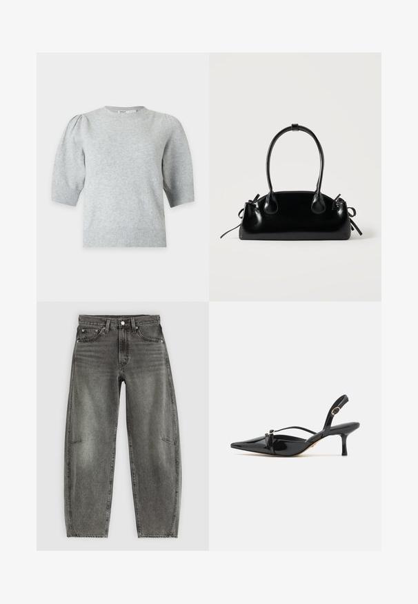 Lichtgrijze gebreide trui met korte mouwen, opgeblazen schouders en geribbelde boorden en zoom, ronde hals, voorkant.; Hoge taille grijs gewassen denim jeans met vijf zakken, knoopsluiting en een ontspannen rechte pasvorm.; ALDO MARIETTA PILLOW WALK - Klassieke pumps - black; Kleine zwarte glanzende handtas met twee lange hengsels en zijkant trekkoord details op een effen lichte achtergrond.