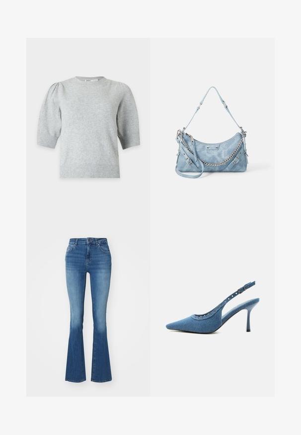Lysegrå strikket kortærmet sweater med balloner på skuldrene og ribkant ved manchetter og kant, rund halsudskæring, forfra.; Højtaljede klokkejeans i lyseblå denim, med en glat tekstur, lynlås med en knap og to frontlommer.; Blå denim spids tå slingback sko med høj hæl, sølv øjendesign og justerbar spænde.; ALDO FARALAELIAX - Håndtasker - blue