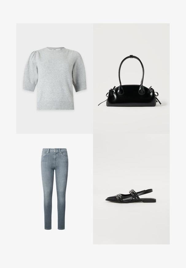 Hellgrauer Strickpullover mit kurzen Ärmeln, gepufften Schultern und gerippten Bündchen und Saum, Rundhalsausschnitt, Vorderansicht.; Schlanke Jeans aus weichem, hellblauem Denim. Hat fünf Taschen, einen Reißverschluss und Gürtelschlaufen, mit einer glatten Textur und minimaler Verwaschung.; Even&Odd Sling-Ballerina - black; Kleine schwarze glänzende Handtasche mit zwei langen Griffen und seitlichen Kordelzug-Details vor einfachem hellem Hintergrund.