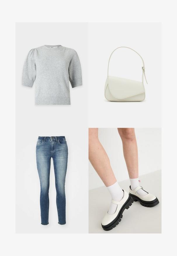 Lysegrå strikket kortærmet sweater med balloner på skuldrene og ribkant ved manchetter og kant, rund halsudskæring, forfra.; Slanke blå jeans lavet af denim, med en falmet vask, let slid på fronten og flosset kant ved anklerne.; Hvide patentlæder Mary Jane-sko med en kraftig sort sål, der har en rem over vristen og bæres med hvide sokker.; Hvid taske i faux læder med en struktureret trekantet form, enkelt justerbart skulderstrop og en flaplås med kurver.