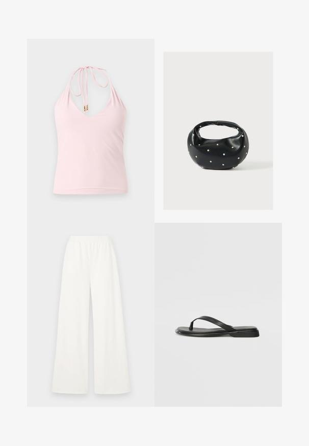 Débardeur rose pâle à col licou avec un profond décolleté en V et fines bretelles nouées dans le dos avec des extrémités en perles dorées.; Pantalons larges en tissu blanc léger et doux. Dotés d'une taille élastique pour le confort et d'une texture lisse sans motifs visibles.; Tongs noires en cuir lisse, avec un design de sangle fine et une semelle plate à profil minimal. Aucun motif ou accent notables.; Sac à main en cuir noir de forme arrondie, décoré de clous argentés et équipé d'une poignée courte. Texture lisse et fermeture éclair.