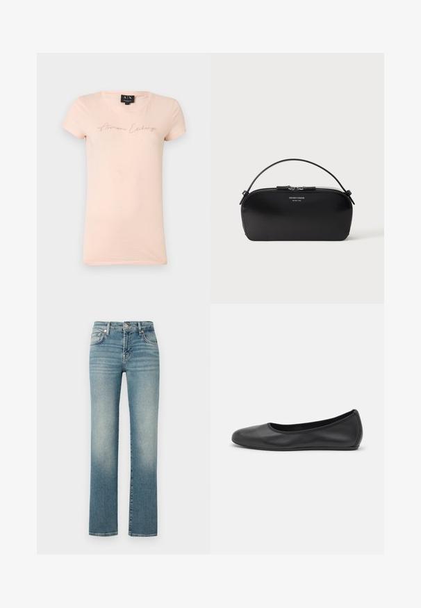 Svetloružové tričko s krátkymi rukávmi a nápisom "Armani Exchange" z malých kryštálov v kurzíve na hrudi, okrúhly výstrih, veľkosť stredná.; Modré denimové nohavice so strihom rovného noha, s bledými miestami, dizajnom s piatimi vreckami a kovovým gombíkom na zapínanie v páse.; Čierne kožené baleríny s okrúhlou špičkou, hladkým povrchom, minimálnym prešívaním a flexibilným dizajnom podrážky.; Čierna kožená taška na zápästie so strieborným zipsom a krátkym uchom, vyrazené logo Emporio Armani Milano 1981 na prednej strane.