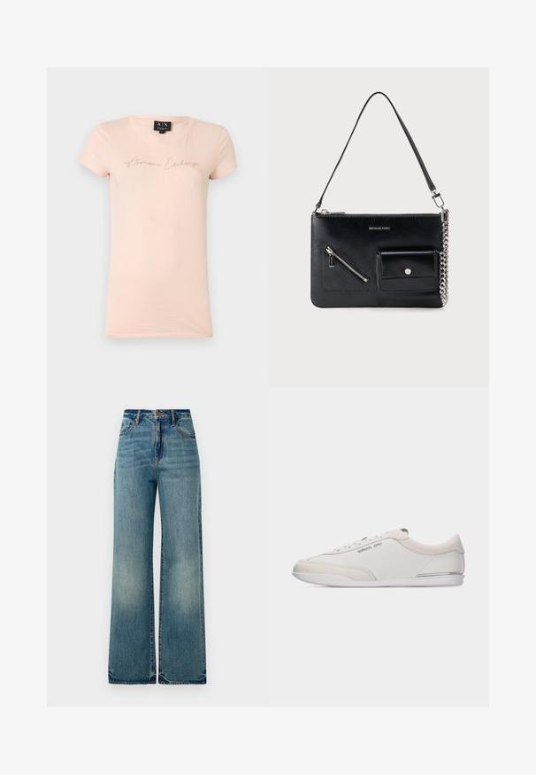 Svetloružové tričko s krátkymi rukávmi a nápisom "Armani Exchange" z malých kryštálov v kurzíve na hrudi, okrúhly výstrih, veľkosť stredná.; Svetlomodré dámske džínsy širokého strihu majú vysoký pás, päť vreciek a mierne rozstrapkané konce, pričom predvádzajú textúrovaný, vyblednutý vzhľad.; Nízke biele a béžové šnurovacie tenisky s hladkou kožou a semišovými detailmi, s malým logom Michael Kors na boku.; Čierna kožená kabelka na rameno Michael Kors s horným zipsom, diagonálnym predným zipsovým vreckom, priehľadným vreckom na patent a strieborným reťazovým detailom.
