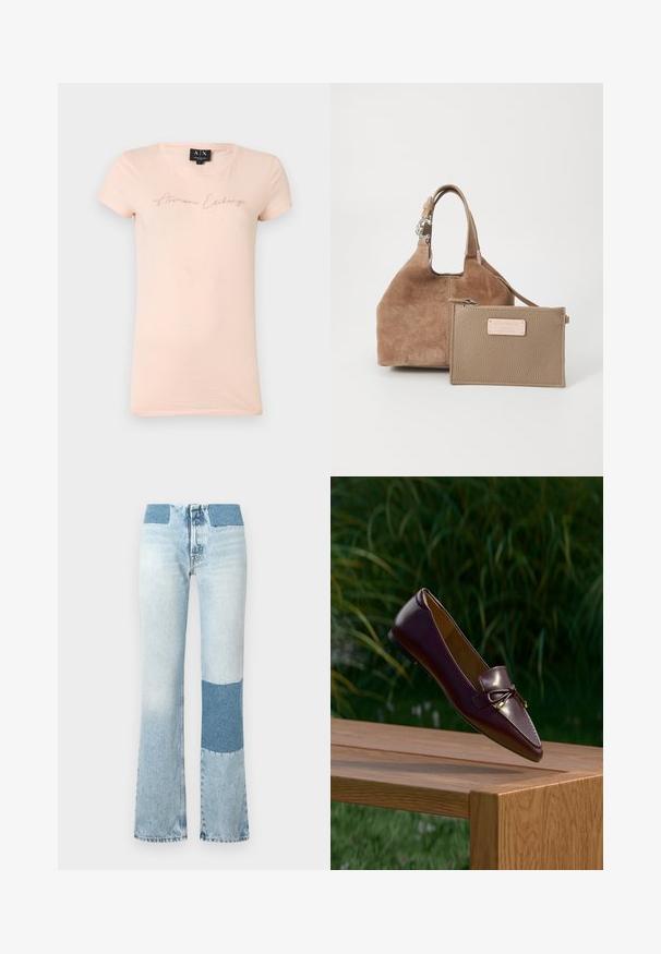 Vaaleanpunainen, lyhythihainen t-paita, jossa rintakehän kohdalta kulkee pienistä cursive-kirjaimin muodostuva ”Armani Exchange” -teksti kristallein koristeltuna, pyöreä pääntie, koko medium.; Vaaleansiniset farkut, joissa on leveät lahkeet ja tummansininen kontrastipatch jokaisessa lahkeessa. Korotettu vyötärö ja ommellut yksityiskohdat saumoissa.; Ruskea nahkainen loafer, jossa on rusetti, leijuu puupenkin yläpuolella, taustalla vihreä lehvästö on sumea.; Ruskea nahkainen käsilaukku pyöreällä muodolla ja lyhyellä kahvalla. Varustettu irrotettavalla vaaleanruskealla nahkapussilla, jossa on vetoketju ja logokoriste.