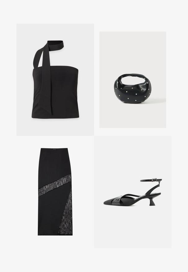 Haut noir sans manches avec un décolleté asymétrique et une longue lanière qui s'enroule autour du cou, présenté sur fond blanc.; Jupe midi noire présentant un motif géométrique avec des empiècements en dentelle texturée, un tissu structuré et une silhouette élégante.; Escarpin slingback noir à bout pointu avec talon kitten, fine bride à la cheville et brides croisées asymétriques sur fond blanc.; Sac à main en cuir noir de forme arrondie, décoré de clous argentés et équipé d'une poignée courte. Texture lisse et fermeture éclair.