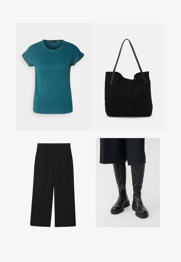 Teal kortlaags t-shirt gemaakt van zachte stof. Heeft een ronde halslijn en kantafwerking aan de mouwen. Eenvoudig, relaxed fit ontwerp.; Zwarte wijde broek gemaakt van een gladde stof, met twee voorkruiszakken, een vlakke voorkant en een ritssluiting aan de zijkant.; Zwarte leren kniehoge laarzen met een soepele textuur, dikke zolen en zijritsen. Het ontwerp heeft subtiele naaddetails.; Zwarte suede tote bag met twee lange, platte leren handvatten. Heeft een gebogen bovenrand en zichtbare stiksels aan de voorkant. Geen hardware-accenten.