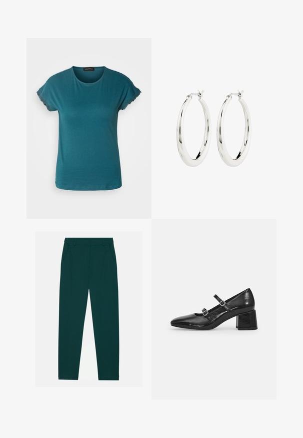 Camiseta de manga corta en color azul verdoso, confeccionada en una tela suave. Presenta un escote redondo y un acabado de encaje en las mangas. Diseño sencillo y de corte relajado.; Pantalones oscuros de color verde hechos de un material suave, con dos bolsillos laterales y un diseño de pierna recta. Estilo minimalista sin patrones visibles.; Zapatos Mary Jane de charol negro con punta afilada, dos correas ajustables y tacón cuadrado grueso. Textura suave y acabado brillante.; Pendientes de aro de plata con un acabado suave y brillante. Forma circular, con un cierre seguro. Diseño sencillo y elegante.