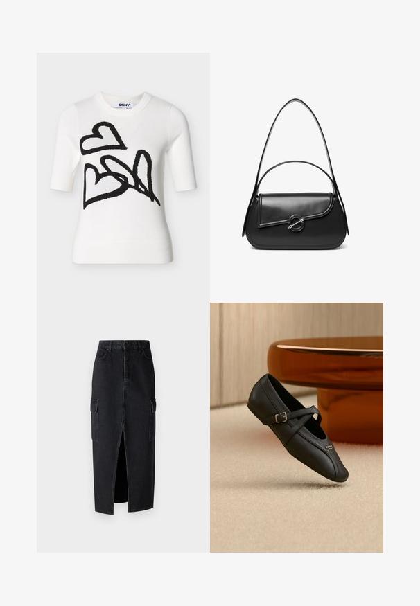 Hvid kortærmet sweater med sorte abstrakte hjerte-designs på forsiden og rund halsudskæring, med et DKNY-mærke indvendigt i kraven.; Sort denim maxiskørt med en frontslids, to sidelommer og en tætsiddende talje. Stoffet har en glat tekstur og en solid konstruktion.; Sort Mary Jane sko med en side spænde og et lille metallisk logo, placeret på et beige tæppe nær et brunt rundt bord.; Sort skuldertaske i læder med en buet klap, der er fastgjort med en rund metal spænde, og en slank, justerbar rem.