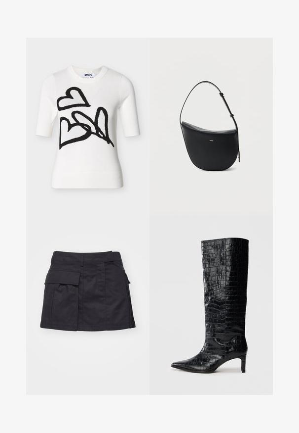 Pull à manches courtes blanc avec des motifs de cœurs abstraits noirs sur le devant et un col rond, avec une étiquette DKNY à l'intérieur du col.; Jupe mini cargo noire en coton. Équipée de poches latérales et d'un design à l'avant plat avec un ourlet légèrement effiloché.; Bottes noires montantes, avec une texture brillante à motif crocodile, bout pointu et talon effilé. Matériau synthétique lisse.; Sac à bandoulière en cuir noir en forme de demi-lune avec une bandoulière réglable et le logo doré « BOSS » centré sur le devant.