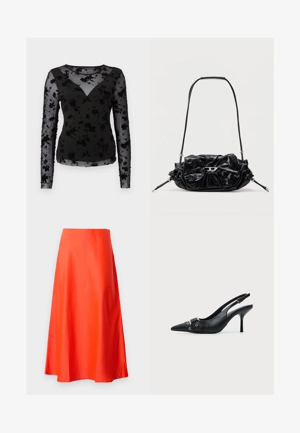 Haut noir à manches longues avec un motif floral transparent, décolleté en V et manches froncées. Le tissu a une finition douce et texturée.; Jupe midi en satin rouge avec une texture lisse, une silhouette en A et un léger évasement à l'ourlet. Pas de motifs visibles ni d'embellissements.; Escarpin slingback à talon haut en cuir noir avec bout pointu, boucle et détail de bride œillet à l'avant.; Sac à main en cuir noir avec un design froncé et un détail en forme de nœud sur le devant. Dispose d'une poignée courte et d'accents de quincaillerie argentée.