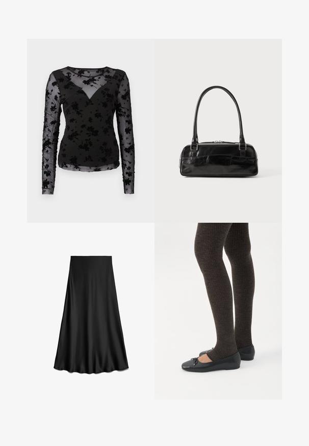 Top negro de manga larga con un diseño floral transparente, escote en V y mangas fruncidas. La tela tiene un acabado suave y texturizado.; Falda negra de satén en línea A con textura suave y dobladillo fluido, hasta la rodilla, mostrada sobre un fondo blanco.; Piernas con leggings oscuros acanalados combinados con bailarinas negras que presentan pequeños detalles de lazo sobre un fondo blanco.; Bolso de mano de cuero negro con forma rectangular, equipado con un asa estructurada, herrajes en plata y cierre de cremallera. Textura suave.