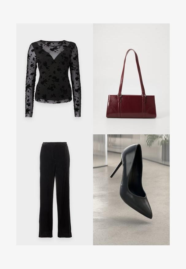 Haut noir à manches longues avec un motif floral transparent, décolleté en V et manches froncées. Le tissu a une finition douce et texturée.; Pantalons en velours noir avec une coupe droite, présentant une texture lisse, des détails de couture discrets et une taille classique.; Escarpin noir en cuir verni à talons hauts avec bout pointu, au design élégant et sans hardware visible. Texture lisse et style minimaliste.; Sac à main bordeaux en matériau brillant, de forme rectangulaire, avec deux anses et des accents légèrement courbés à l'avant.
