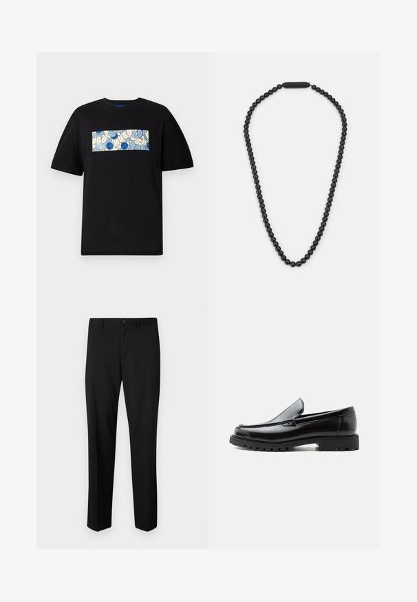 T-shirt en coton noir avec un graphique rectangulaire en bleu et crème, présentant des motifs circulaires et des gribouillis, conçu pour une coupe décontractée.; Pantalons noirs ajustés avec une coupe plate, taille standard et jambes droites. Fabriqués en tissu lisse, dotés d'une fermeture à un bouton.; Mocassin en cuir noir avec semelle en caoutchouc épaisse, dessus cousu et nom de marque embossé sur le talon, présenté de profil sur fond blanc.; Collier en perles noires composé de perles rondes lisses avec une finition mate ; comprend un fermoir cylindrique noir pour une fermeture sécurisée.