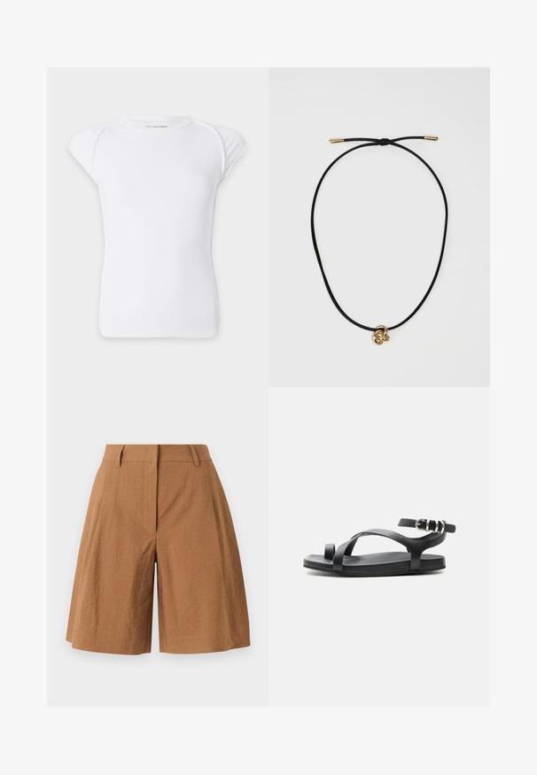 T-shirt blanc à manches courtes en maille côtelée avec un col rond et des épaules légèrement tombantes sur un fond uni.; Short marron taille haute longueur genou avec passants de ceinture, plis devant et fermeture éclair avant cachée sur fond clair.; Sandale plate noire avec une fine boucle d'orteil, des brides croisées et une bride de cheville ajustable avec boucle argentée, présentée sur un fond uni.; Un collier en cordon noir avec un pendentif en métal doré en forme de nœud. Le cordon est ajustable avec des extrémités en matériel doré et possède une texture lisse dans l'ensemble.
