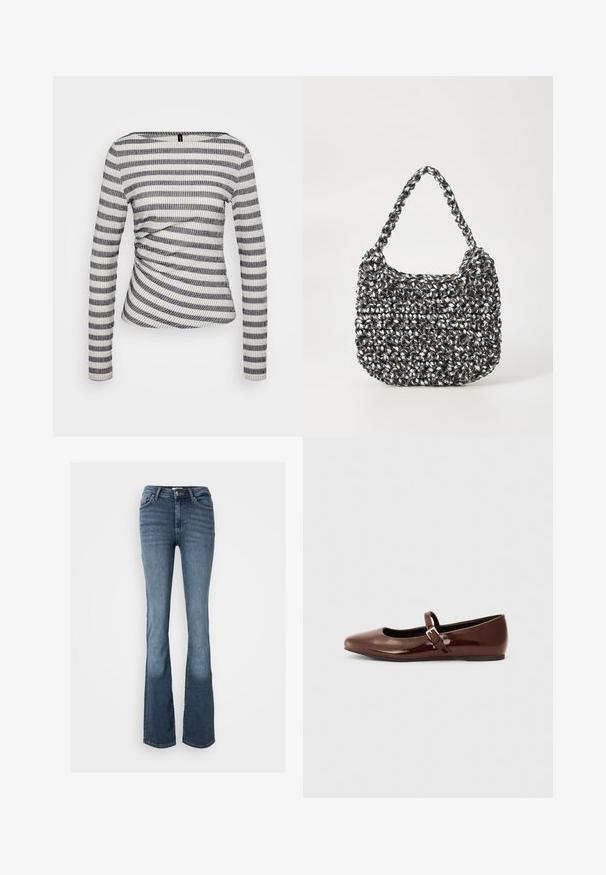 Langærmet top i ribbet stof med skiftende sorte og hvide striber, der har en samling ved taljen og en bred halsudskæring.; Bootcut jeans lavet af blåt denim. Har en mid-rise talje, fem lommer, diskrete syninger og et let falmet udseende på benene.; Brun patentlæder balletflade med firkantet tå og strop med en lille guldbuckle. Glat tekstur, lav hæl og minimalistisk design.; Vævet håndtaske i sort og hvid med en rund form, tekstureret overflade og et fletet håndtag. Velegnet til afslappet brug.