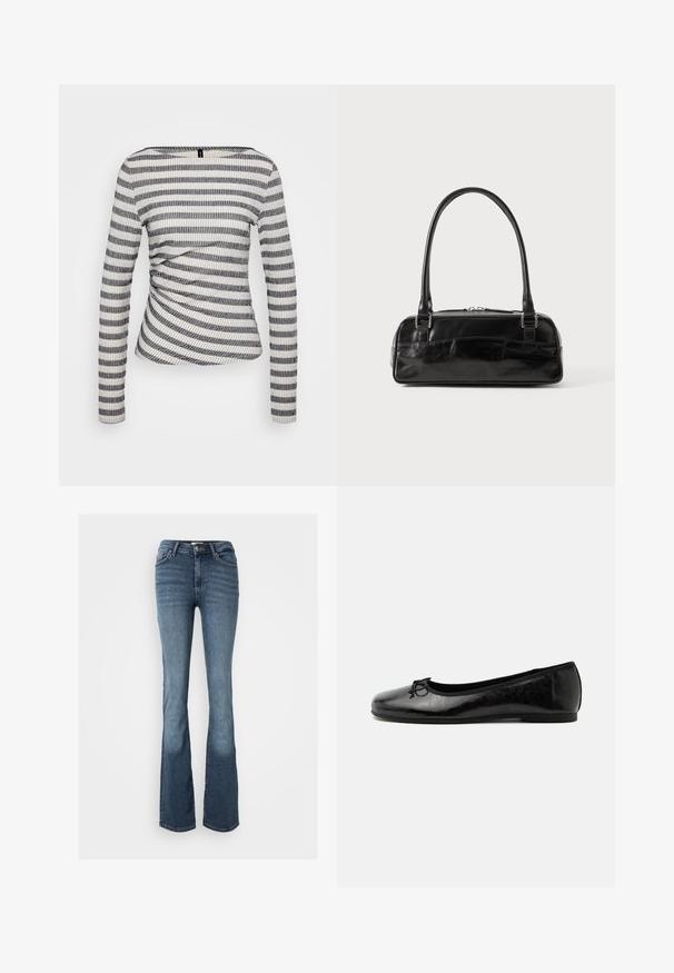 Langærmet top i ribbet stof med skiftende sorte og hvide striber, der har en samling ved taljen og en bred halsudskæring.; Bootcut jeans lavet af blåt denim. Har en mid-rise talje, fem lommer, diskrete syninger og et let falmet udseende på benene.; Sort skinnende læder balletflad med lav hæl og lille dekorativ sløjfe foran, vist fra siden på ensartet lyst baggrund.; Sort læderhåndtaske med rektangulær form, der har et enkelt struktureret håndtag, sølvhardware og lynlås-lukning. Glat tekstur.