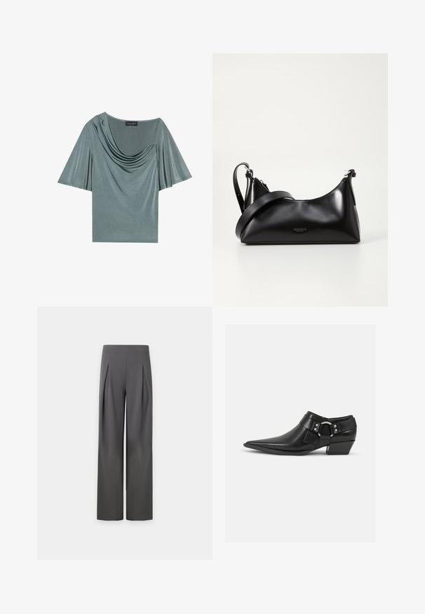 T-shirt à manches courtes en tissu vert clair avec un col drapé et des manches fluides. Texture lisse, coupe modeste et couleur unie.; Pantalon large taille haute gris foncé avec plis à l'avant s'étendant de la taille jusqu'au milieu de la cuisse sur un fond neutre.; Bottines en cuir noir avec un bout pointu, présentant une sangle en cuir à l'avant et un détail de boucle en argent, ainsi qu'un petit talon carré.; Sac à main en cuir noir avec une texture lisse. Dispose d'une bandoulière adjustable et d'un design élégant et minimaliste avec une fermeture éclair.