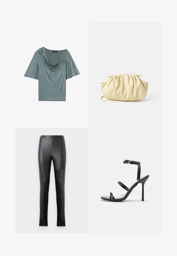 Korte mouwen top in lichtgroene stof met gedrapeerde halslijn en vloeiende mouwen. Gladde textuur, bescheiden pasvorm en effen kleur.; Zwarte leggings van glad, glanzend materiaal met een hoge tailleband en een slimfit ontwerp. Geen zichtbare naden of versieringen.; Zwarte gepatineerde leren hoge hak sandalen met drie horizontale banden en een verstelbare enkelband. Slanke silhouette en glanzende afwerking.; Geel geplooide handtas van soepel nepleer, met een zachte vorm, een enkele schouderriem en een verzameld ontwerp aan de bovenkant.