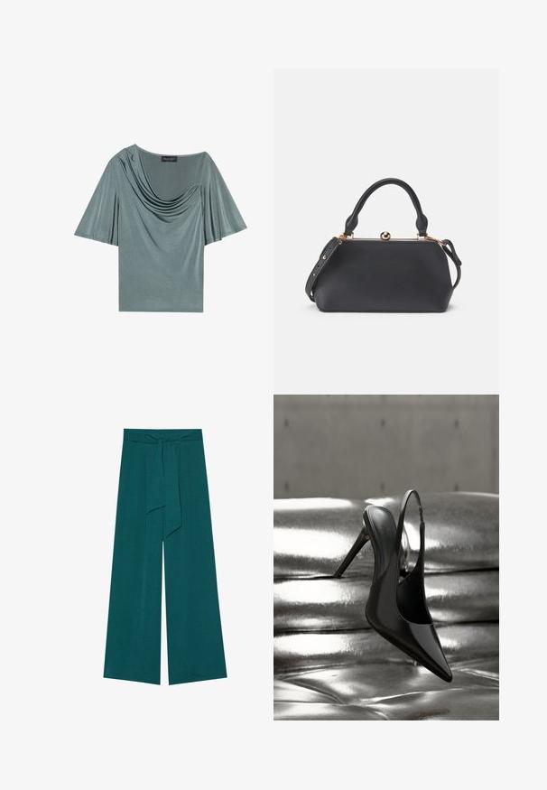 Top de manga corta en tejido verde claro con escote drapeado y mangas fluidas. Textura suave, corte modesto y color sólido.; Pantalones de pierna ancha en un color azul verdoso profundo con un acabado texturizado, que cuentan con una cintura atada para un ajuste ajustable y una silueta fluida.; Zapato de tacón alto en negro brillante con talón descubierto, equilibrado sobre una superficie acolchada metálica plateada y brillante con textura suave.; Bolso de cuero negro con parte superior redondeada, mango corto y correa desmontable. Presenta un cierre metálico y una textura suave.
