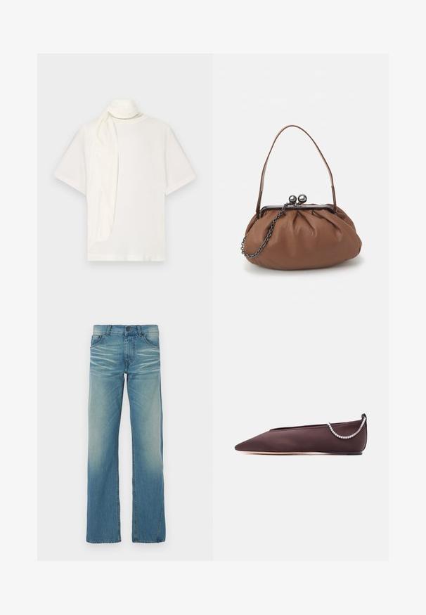 Hvid kortærmet t-shirt med en draperet stofdetalje ved halsen. Fremstillet af blødt materiale med en afslappet pasform og glat tekstur.; Lyseblå denimjeans med lige ben, blegning, fem lommer og knaplukning. Synlig syning som accent.; Mørkebrun flad sko med spids tå, lav hæl og en sølvfarvet rhinstenkæde detalje bagpå.; Brun læderhåndtaske med en samlet design, en kort læderhank og en kædestrop. Har en sølvmetalspænde med to runde pynt.