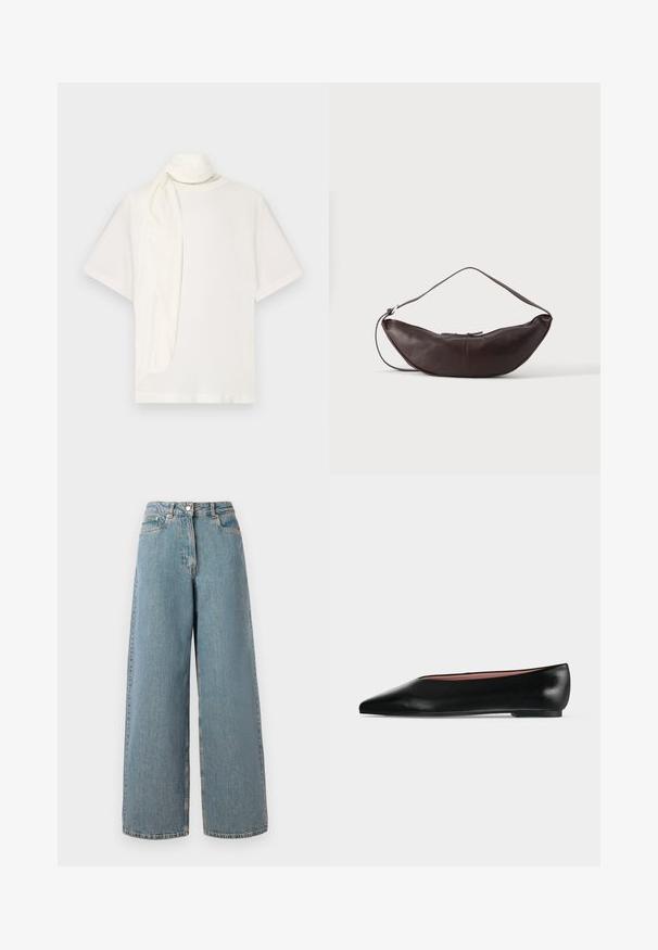 Hvid kortærmet t-shirt med en draperet stofdetalje ved halsen. Fremstillet af blødt materiale med en afslappet pasform og glat tekstur.; Høj talje, lyseblå vidde denim jeans med frontlynlås, knappelukning og forlommer.; Sort damesko i læder med flad hæl og spids tå, vist fra siden på en ensfarvet lys grå baggrund.; Mørkebrun læder skuldertaske i halvmåneform med buet rem og synlige syninger på ensfarvet baggrund.