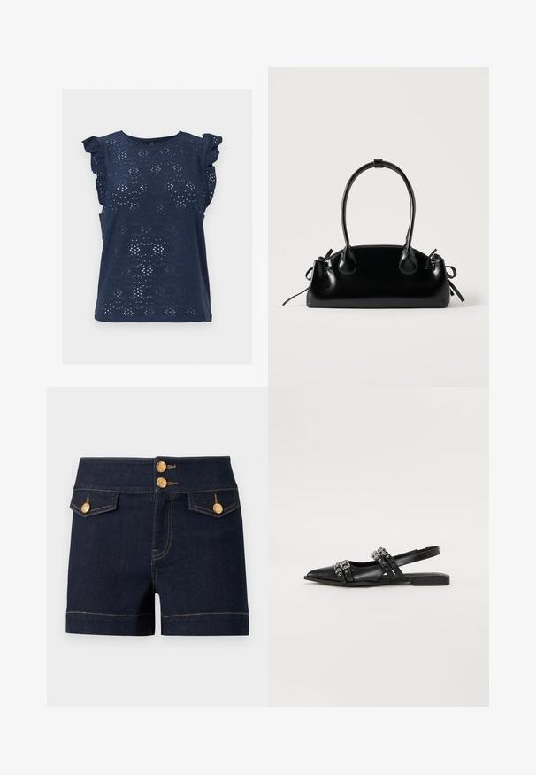 Navy blauwe mouwloze blouse met oogjeskantpatroon en ruches bij de mouwtjes, ronde halslijn en rechte zoom.; Donkerblauwe denimshorts met hoge taille, twee voorvakken met klep en gouden decoratieve knopen op de tailleband en zakken.; Even&Odd by Zalando Slingback ballerina´s - black; Kleine zwarte glanzende handtas met twee lange hengsels en zijkant trekkoord details op een effen lichte achtergrond.