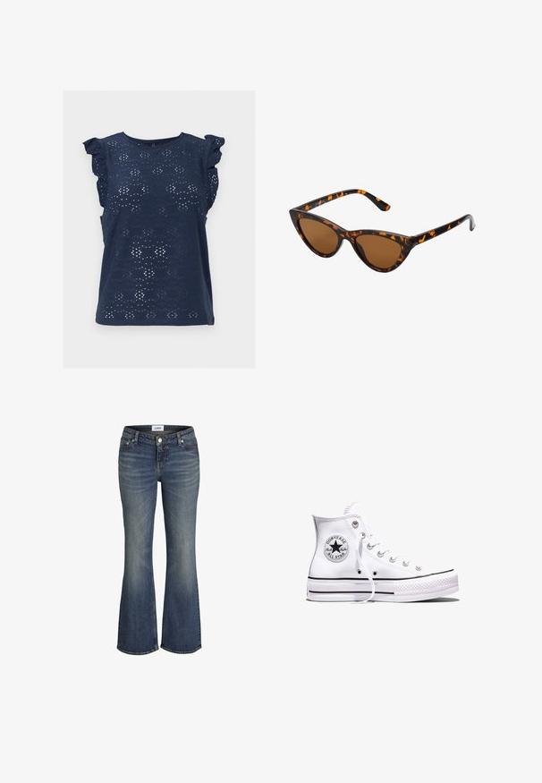 Marineblaue ärmellose Bluse mit Lochspitzenmuster und Rüschen-Ärmeln, rundem Ausschnitt und geradem Saum.; Blaue, verwaschene Schlagjeans mit Vorderknopf, fünf Taschen und sichtbarem Markenschild am Bund.; Weißer Converse Chuck Taylor All Star High-Top-Sneaker mit schwarzen Streifen und Logo-Patch an der Seite, präsentiert vor einem schlichten weißen Hintergrund.; Katzenaugen-Sonnenbrille mit einem schwarz-orangenen Schildpattrahmen, braunen Gläsern und schlanken, spitzen Enden. Verfügt über ein minimalistisches Logo am Bügel.