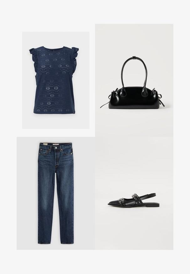 Marineblaue ärmellose Bluse mit Lochspitzenmuster und Rüschen-Ärmeln, rundem Ausschnitt und geradem Saum.; Dunkelblaue gerade geschnittene Jeans mit fünf Taschen, Knopf- und Reißverschluss und kontrastierenden Nähten.; Even&Odd by Zalando Sling-Ballerina - black; Kleine schwarze glänzende Handtasche mit zwei langen Griffen und seitlichen Kordelzug-Details vor einfachem hellem Hintergrund.