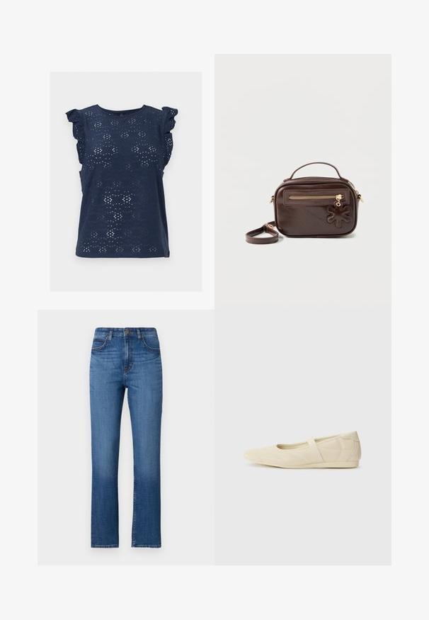 Marineblaue ärmellose Bluse mit Lochspitzenmuster und Rüschen-Ärmeln, rundem Ausschnitt und geradem Saum.; Blaue Denim-Jeans mit geradem Bein, hoher Taille, fünf Taschen und dezenter Naht entlang der Nähte. Glatte Textur.; Beige Ballerinas aus glattem Leder mit mandelförmiger Zehenpartie und elastischem Riemen über dem Fußrücken, ausgestattet mit dezenten Nähtelementen.; Dunkelbraune, rechteckige Leder-Umhängetasche mit einem oberen Griff, einer vorderen Reißverschlusstasche und einem blumenförmigen Lederanhänger am Reißverschluss.