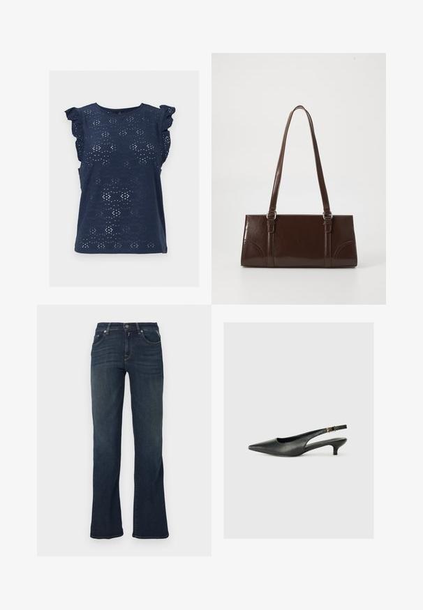 Marineblaue ärmellose Bluse mit Lochspitzenmuster und Rüschen-Ärmeln, rundem Ausschnitt und geradem Saum.; Dunkelblaue Denim-Jeans mit ausgestelltem Bein, ausgestattet mit fünf Taschen und kontrastierenden Nähten. Glatte Textur und standardmäßiger Bund.; Schwarzer Slingback-Schuh mit spitzem Zehenbereich aus glattem Leder. Mit einem dünnen Absatz und einer dekorativen Schnalle am verstellbaren Riemen.; Braune Lackleder-Handtasche in rechteckiger Form, mit zwei langen Griffen und subtilen, geschwungenen Akzenten auf der Vorderseite.