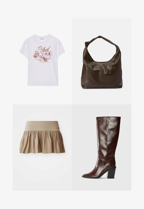 Hvid bomulds T-shirt med et grafisk print, der viser ordene "Rebel Dusty Boots", kaktusser og ørkenlandskaber i pink og brune nuancer.; Beige bomuldsnederdel med en rynket kant, der har et bredt elastisk taljebånd. Let materiale med en blød tekstur og afslappet design.; Høj, mørkebrun læderstøvle med spids tå og stablet blokhæl, vist fra siden på en ensfarvet baggrund.; Brun flettet lædertaske med en blød, slasket form, et enkelt håndtag og en tekstureret overflade. Den har en blød, blank finish og afrundede kanter.