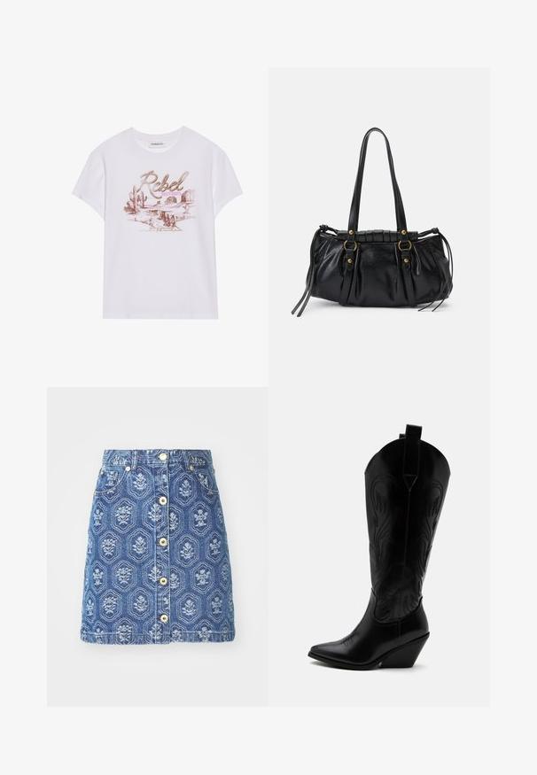 Hvid bomulds T-shirt med et grafisk print, der viser ordene "Rebel Dusty Boots", kaktusser og ørkenlandskaber i pink og brune nuancer.; Denim nederdel med et blåt blomstermønster, der har lukning med knapper foran og lommer, a-line form og kontrastsyede detaljer.; Sort læder cowboystøvle med spidst tåparti, skråt blokhælhæl, dekorative sømme og trækstropper øverst mod hvid baggrund.; Sort læderhåndtaske med rund form, dobbelte hanke, dekorative hardware-detaljer og snøre på siden. Glat, blank overflade.