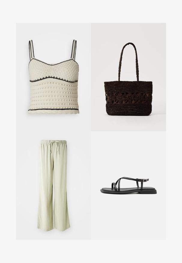 Top en crochet crème avec des accents noirs. Présente un design ajusté, des bretelles réglables et un motif texturé avec des trous circulaires.; Pantalons larges vert clair avec une taille élastique et un cordon de serrage. Fabriqués dans un tissu doux et texturé ; bords ourlés sans motifs visibles.; Sandales plates noires avec de fines brides réglables, un entre-doigt rectangulaire et une finition mate texturée. Elles présentent un talon bas légèrement carré.; Sac fourre-tout tissé brun foncé avec des motifs floraux et deux longues poignées tressées sur un fond clair uni.