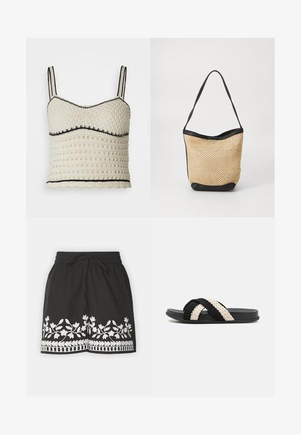 Hæklede top i creme med sorte detaljer. Har en tætsiddende design, justerbare stropper og et tekstureret mønster med cirkulære huller.; Sorte shorts med hvid blomsterbroderi og kant. Har en snor i taljen og let stof, ideelt til afslappet brug.; Sort og creme vævet slide sandal med en flad gummisål, der har to krydsede fletsandaler lavet af blødt, tekstureret materiale.; Vævet stråtaske med en naturlig tekstur, accentueret af en sort kunstlæderkant og skulderrem; åben-top design.