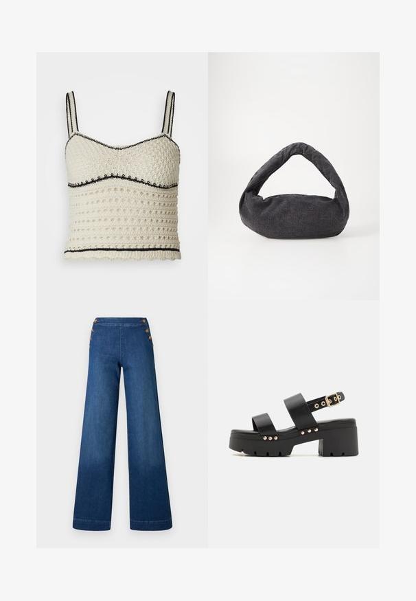 Hæklede top i creme med sorte detaljer. Har en tætsiddende design, justerbare stropper og et tekstureret mønster med cirkulære huller.; Denimbukser med vidde i benene i mørkeblå. Har en flad front med fem knapper i gylden tone til lukning. Glat tekstur med en klassisk finish.; Call it Spring NOVALIE - Plateausandaler - black; Mørkegrå stofpose med et buet håndtag, blød tekstur og rund form. Ingen synligt hardware eller pynt.