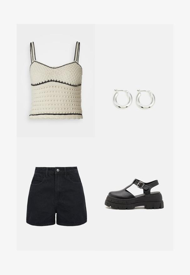 Häkeloberteil in Creme mit schwarzen Akzenten. Verfügt über ein enganliegendes Design, verstellbare Träger und ein strukturiertes Muster mit runden Löchern.; Schwarze High-Waist-Jeansshorts mit vorderer Knopfleiste, Gürtelschlaufen und zwei Vordertaschen auf weißem Hintergrund.; Schwarze Plattform-Sandalen aus glattem Synthetikmaterial, mit offener Zehenpartie, Ausschnittdesign, verstellbarem Schnallenverschluss und dicker, strukturiertem Sohlen.; Silberne Creolen mit glänzender Oberfläche, die eine kreisrunde Form haben und mit einem schwenkbaren Verschluss ausgestattet sind. Glatte Textur mit minimalen Details.