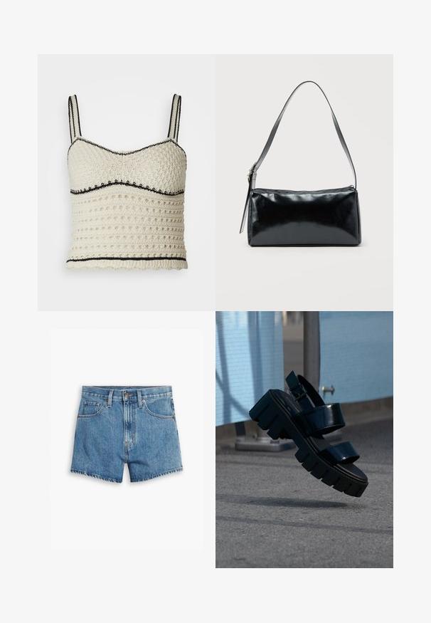 Hæklede top i creme med sorte detaljer. Har en tætsiddende design, justerbare stropper og et tekstureret mønster med cirkulære huller.; Denim shorts i lyseblå, med fem lommer, lynlås og knappelukning. Kanten er tattered med et afslappet fit design.; Sort chunky platformsandal med to remme og spænde, svævende midt i luften over grå fortov og blå stofbaggrund.; Sort rektangulær skuldertaske med en enkelt justerbar rem og lynlås i toppen på en ensfarvet baggrund.
