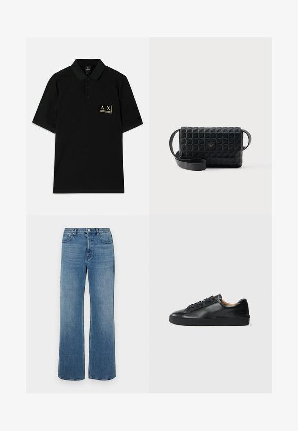 Zwarte polo shirt gemaakt van katoen, met een drieknoopsluiting en een gouden geborduurd logo op de linkerborst. Korte mouwen, klassieke pasvorm.; Brede blauwe jeans van denim met een verouderde afwerking. Heeft vijf zakken, een sluiting met vooraan knoop en een rechte snit.; Zwarte leren sneaker met een gladde textuur, ronde neus en vetersluiting. Heeft een dikke rubberen zool en minimale merkaanpassing.; Zwarte crossbodytas met een gestructureerd oppervlak, een klepsluiting en een klein metalen logo aan de voorkant, afgebeeld tegen een effen achtergrond.