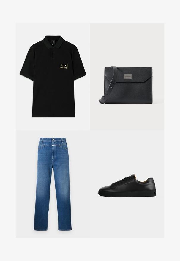 Polo-shirt noir en coton, avec un patte de boutonnage à trois boutons et un logo brodé doré sur la poitrine gauche. Manches courtes, coupe classique.; Jean en denim bleu avec une coupe droite, présentant une fermeture à bouton, des passants de ceinture et un léger délavage sur les cuisses.; Basket basse en cuir noir avec lacets noirs, semelle en caoutchouc texturée et petit logo embossé sur le côté, présenté de profil sur fond gris.; Sac bandoulière en cuir noir texturé avec sangle réglable et plaque logo métallique à l'avant, fermeture à rabat rectangulaire de style enveloppe.