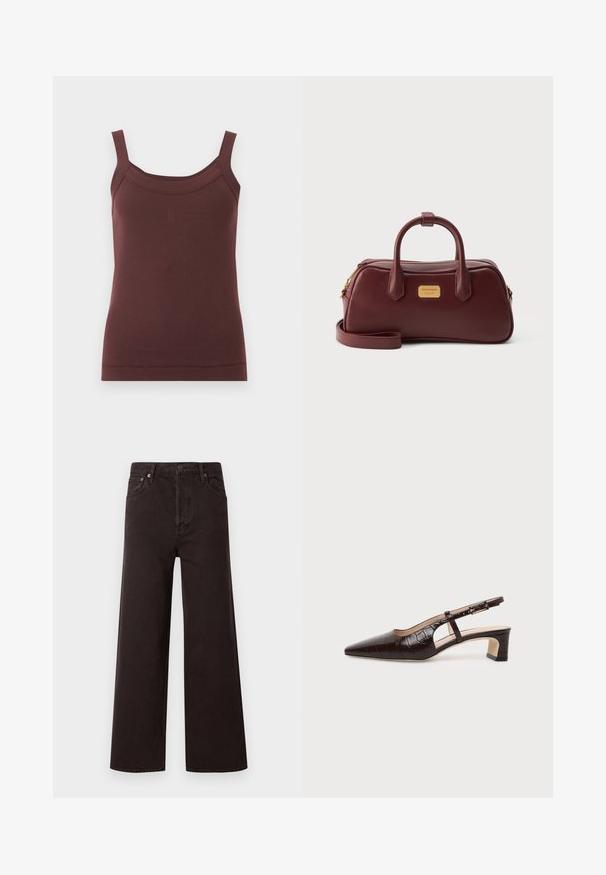 Débardeur brun côtelé sans manches avec encolure carrée et logo brodé discret au centre devant.; Jean noir à jambes larges avec taille haute, fabriqué en denim. Dispose de cinq poches et d'une fermeture à bouton en métal, texture lisse et design classique.; Chaussure slingback en cuir marron foncé à texture crocodile, bout pointu, talon bas bloc et bride ajustable avec boucle dorée.; Sac à main en cuir rouge foncé avec deux poignées, une bandoulière détachable, une fermeture éclair dorée et une petite plaque de marque dorée sur le devant.