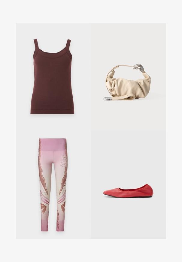 Débardeur brun côtelé sans manches avec encolure carrée et logo brodé discret au centre devant.; Leggings roses avec un dégradé de clair à foncé, ornés de motifs floraux et d'accents décoratifs sur les côtés. Texture lisse.; Filippa K REY FLATS - Ballerines - bright red; Sac à main en cuir souple beige avec un design froissé, une quincaillerie argentée et une bandoulière ajustable sur un fond uni.