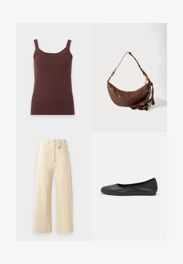 Mouwloze bruine geribde tanktop met vierkante halslijn en subtiel geborduurd logo middenvoor.; Beige wijde jeans van katoen, met een metalen haakdetail, vijf zakken en een gladde, licht gestructureerde afwerking.; Zwarte leren ballerina met een ronde neus, gladde textuur, minimale stikdetails en een flexibele zoolontwerp.; Bruine leren halvemaanvormige schoudertas met gouden rits en meerdere leren kwastjes die aan de band hangen op een witte achtergrond.