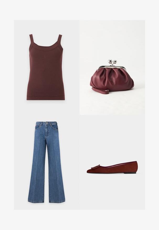 Débardeur brun côtelé sans manches avec encolure carrée et logo brodé discret au centre devant.; Jeans en denim bleu à jambes larges avec poches avant, passants de ceinture, fermeture à boutons et coutures visibles sur un fond clair uni.; Chaussure plate en daim marron pour femme avec bout pointu et grande boucle décorative sur le dessus sur fond uni.; Petit sac pochette en cuir bordeaux avec fermoir métallique argenté et bracelet sur fond blanc.