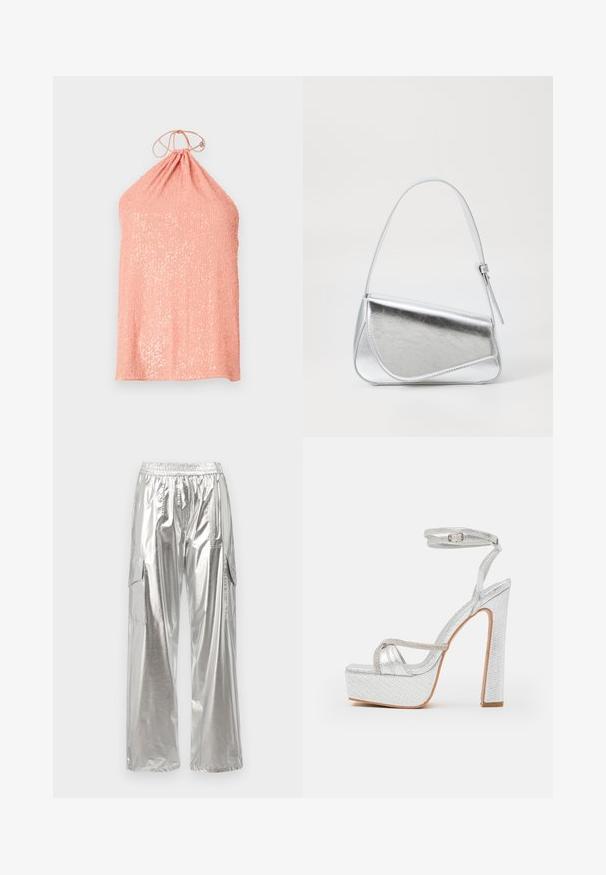 ferskenfarvet halterneck top lavet af tekstureret stof med paljetter, der har en samlet halsudskæring og en båndlukning bagpå.; MCM METALLIC PANTS - Cargobukser - silver; Sølv platform sandaler med tekstureret materiale, ankelrem og rhinsten accent. Firkantet tå og høj blokhælkonstruktion.; Sølvmetallic håndtaske med en trekantet form, glat overflade og en tynd, justerbar skulderrem. Har et fold-over design med syninger.