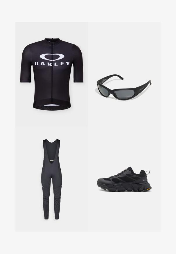 Čierny krátky cyklistický dres s predným zipsom a bielym logom Oakley vytlačeným cez hrudník.; Vaude MENS MATERA WARM - Legíny s trakmi - black; Čierne atletické topánky s mohutnou podrážkou, vrchnou časťou z textilu a syntetiky, textúrovanými akcentmi a značkou Vibram na podrážke.; Čierne slnečné okuliare s zakriveným rámom a tmavými šošovkami. Majú matný povrch a na boku je uvedené meno značky "ARNETTE".
